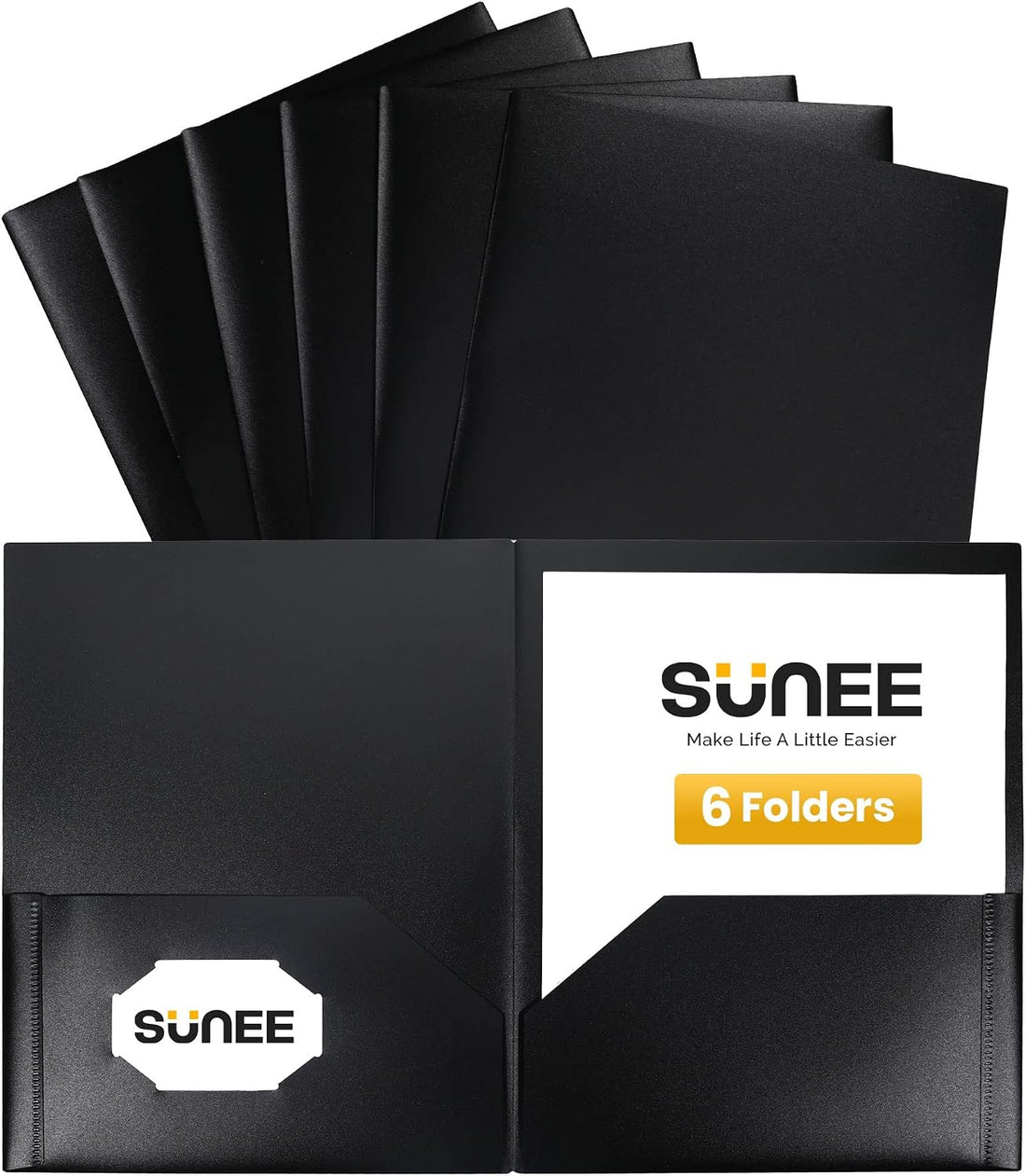 SUNEE 2 Pocket Folders (6 Pack, Black) Heavy Duty Plastic Folders with Pockets Fit Letter-Size Papers, Two-Pocket Poly Folder Bulk for School, College, Office