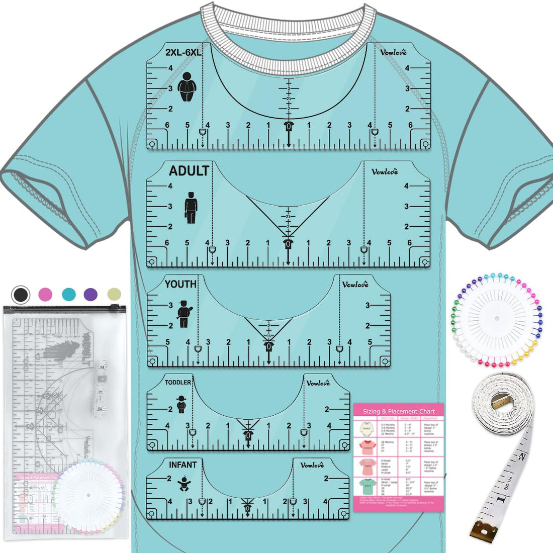 Vowlove T-Shirt Ruler for Precise Vinyl Alignment, Heat Press Guide Tool