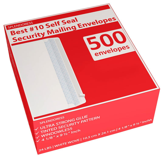 #10 Envelopes Letter Size Self Seal | 500 Business Mailing Security Peel and Sealing Envelope | 100% Tinted | no 10 White Windowless Legal Regular Plain Envelops Pack | 4-1/8 x 9-1/2 Inches | 24 LB - PCTechSupply.com