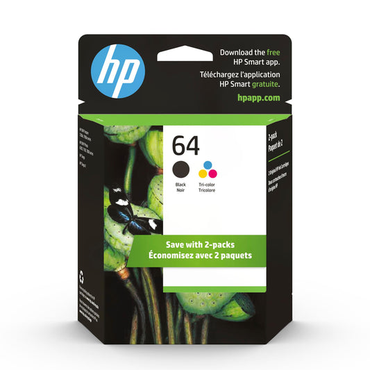 HP 64 Black/Tri-color Ink Cartridges (2-pack) | Works with HP ENVY Inspire 7950e; ENVY Photo 6200, 7100, 7800; Tango Series | Eligible for Instant Ink | X4D92AN - PCTechSupply.com