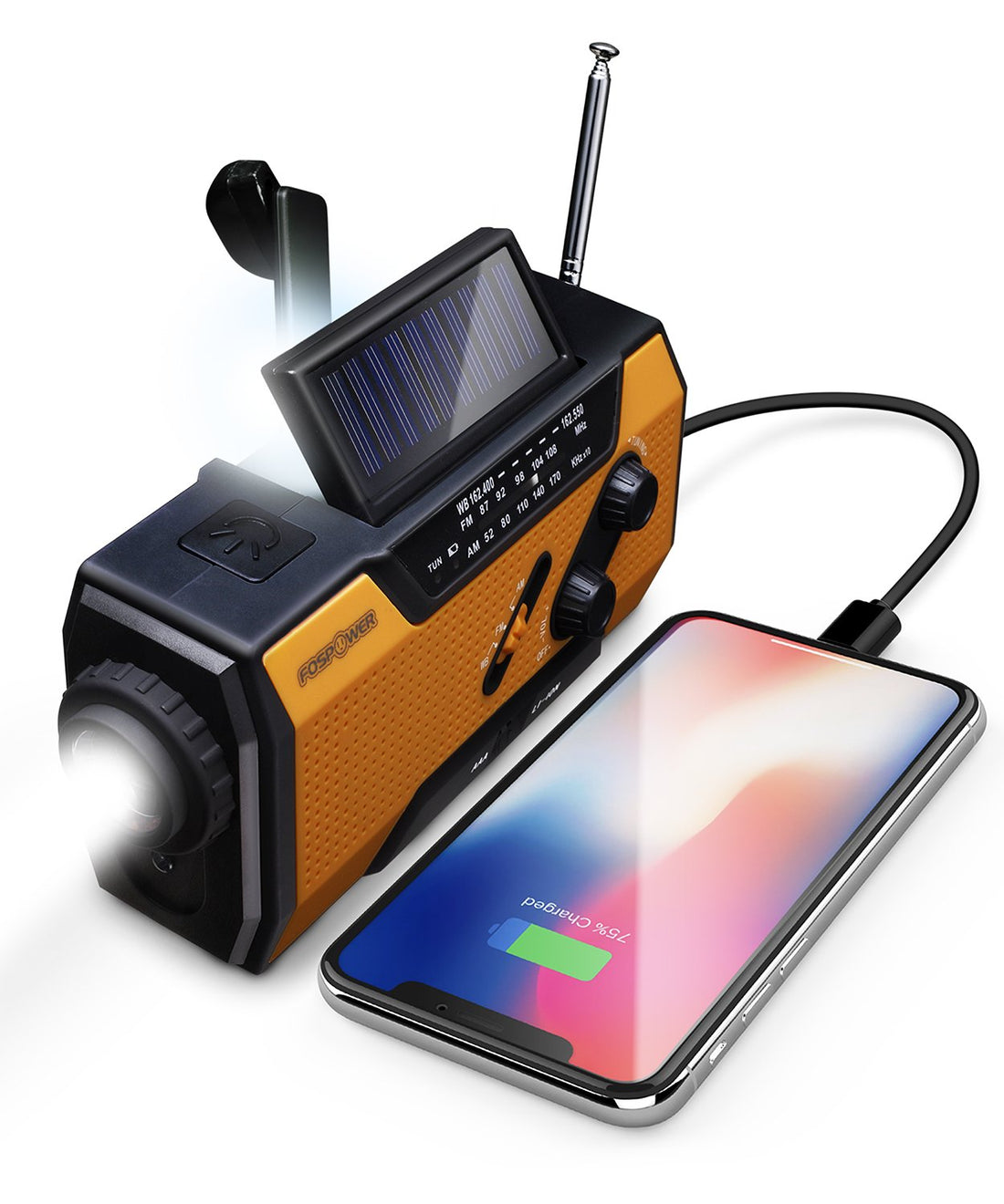 FosPower Emergency Weather Radio (Model A1) NOAA/AM/FM with 7400mWh Portable Power Bank, USB/Solar/Hand Crank Charging, Battery Operated, SOS Alarm & Flashlight for Indoor/Outdoor Emergencies - PCTechSupply.com