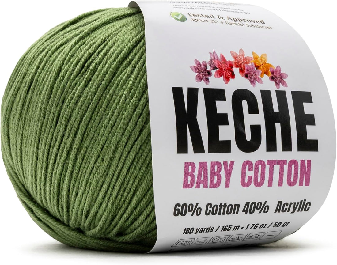 Keche Baby Cotton, 60% Cotton 40% Acrylic Yarn, Soft Cotton Yarn for Crochet and Knitting, Amigurumi Yarn 1 Skein/Ball 1.76 Oz (50g) / 180 Yrds (165m) - Olive Green