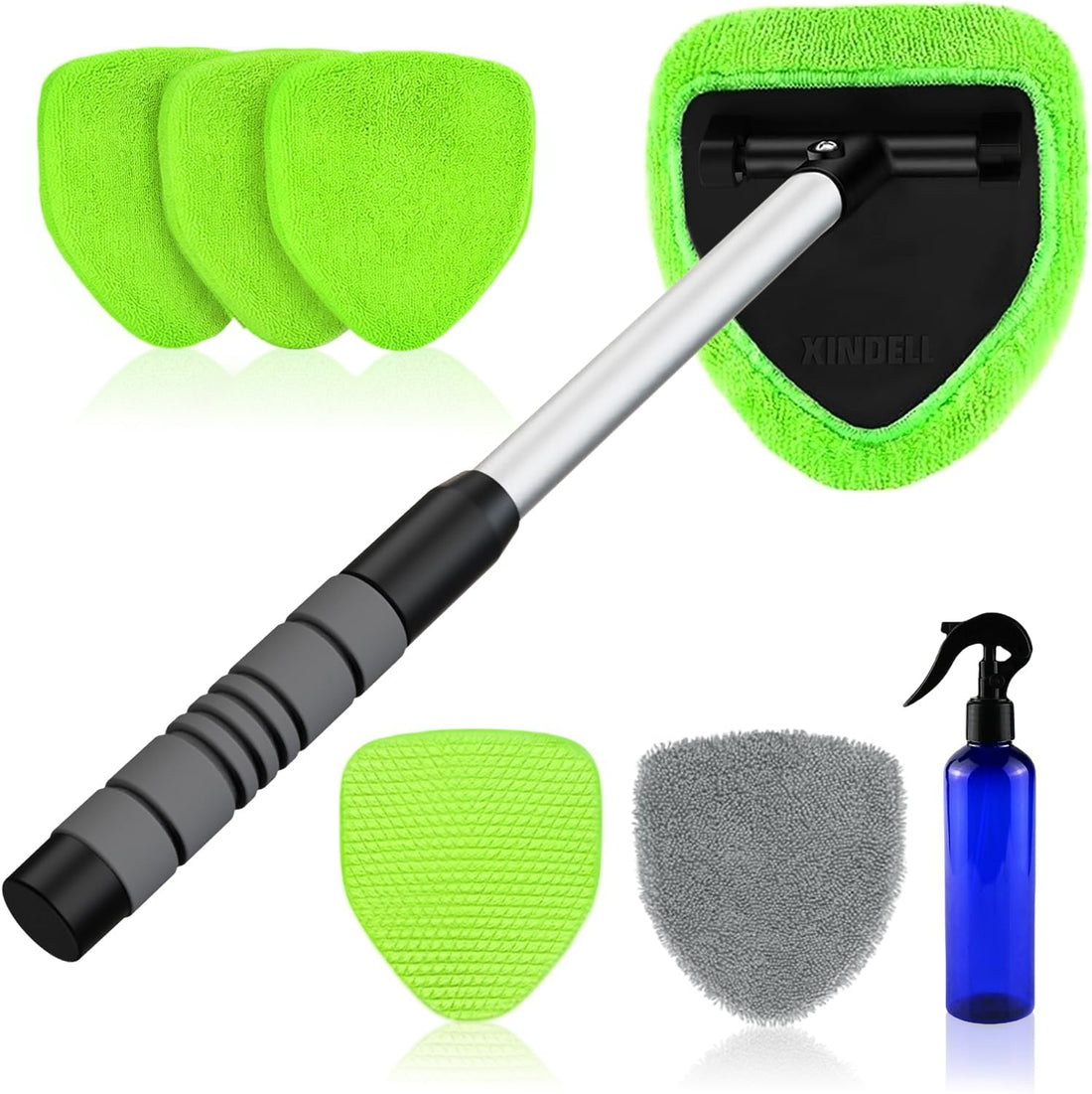 XINDELL Interior Windshield Cleaner Tool – Car Interior Window Cleaning Kit with Extendable Handle & 4 Microfiber Pads, Auto Wiper Inside Compact Windshield Brush for Car & Home Windows