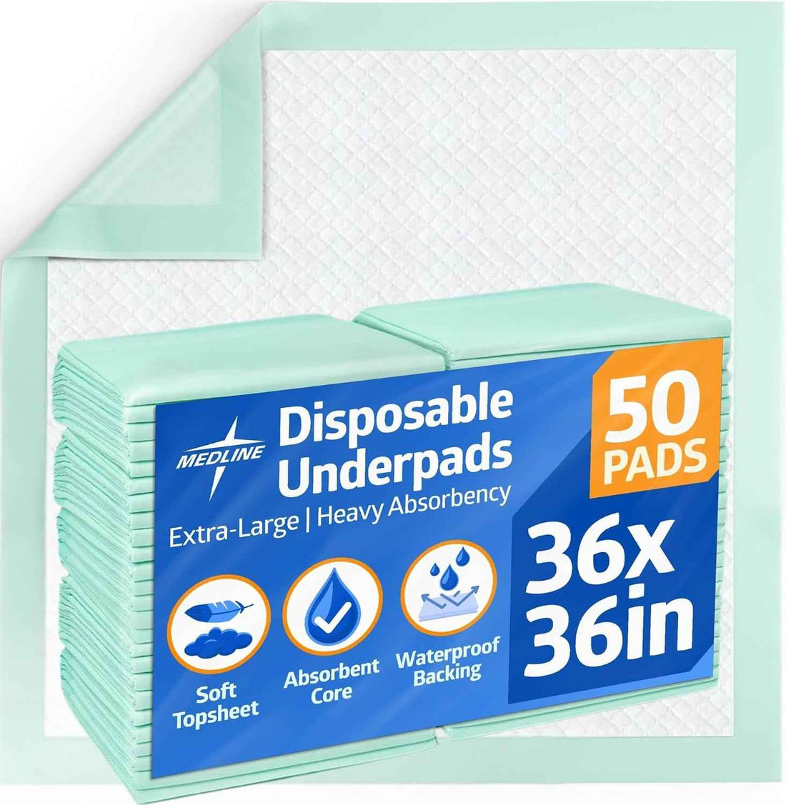 Medline Super Absorbent Underpad, 36" x 36", 50 Count, Extra Large Disposable Incontinence Pads, Protective Bed Pads, Chucks, For Kids, Adults, Elderly, Furniture & Surface Protection Pee Pad