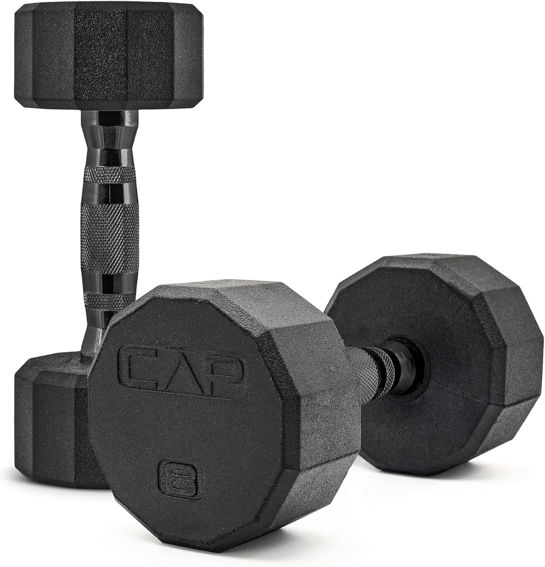 CAP Rubber Coated Dumbbell Weights, Free Weights for Home Gym Strength Training, Anti-Roll Hex Dumbbells with Black, Chrome & Comfort Grip Handles, Pairs & Sets