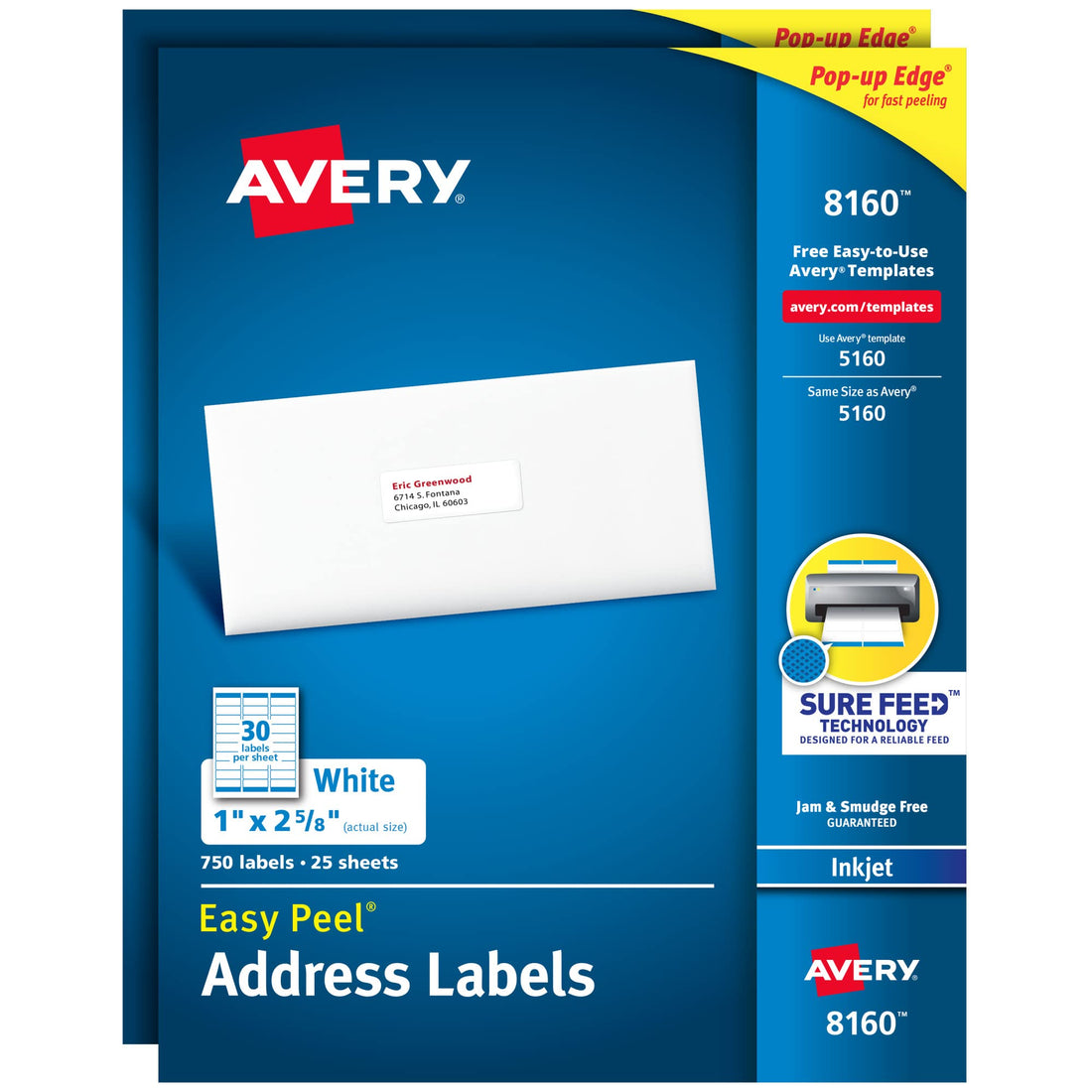Avery Easy Peel Printable Address Labels with Sure Feed, 1" x 2-5/8", White, 750 per Pack, 2 Packs, 1,500 Blank Mailing Labels Total (08160) - PCTechSupply.com