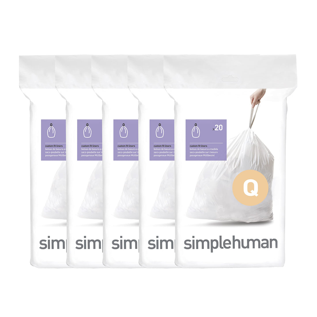 simplehuman Code Q 100 Count, Genuine Custom Fit Liners, Drawstring Trash Bags in Dispenser Packs, 50-65 Liter / 13-17