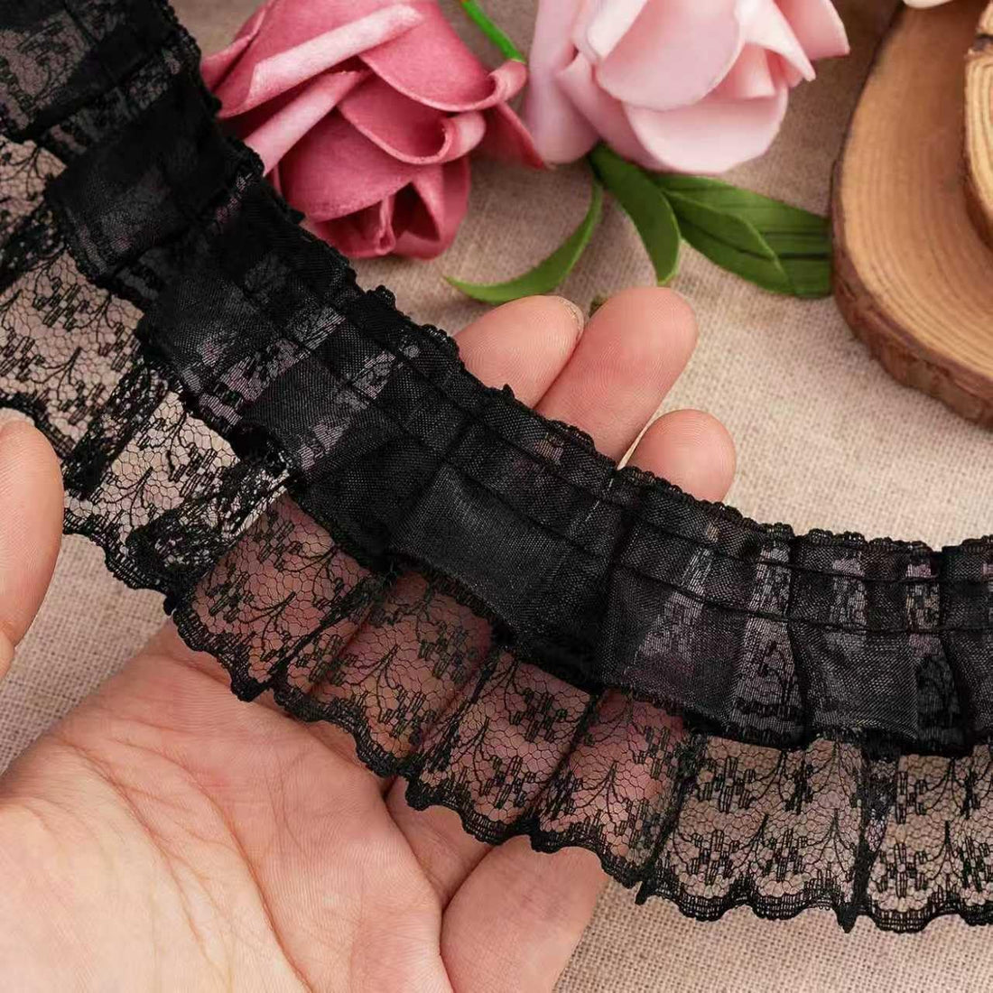 Lace Trim Ribbon, Ruffle Ribbon, 6-Yard Black Lace Ribbon,1.8 Inch Width Blacks Laces Trims, Delicate Floral Pattern Ribbons for Crafts Sewing and Dress Applique Decorations, Black