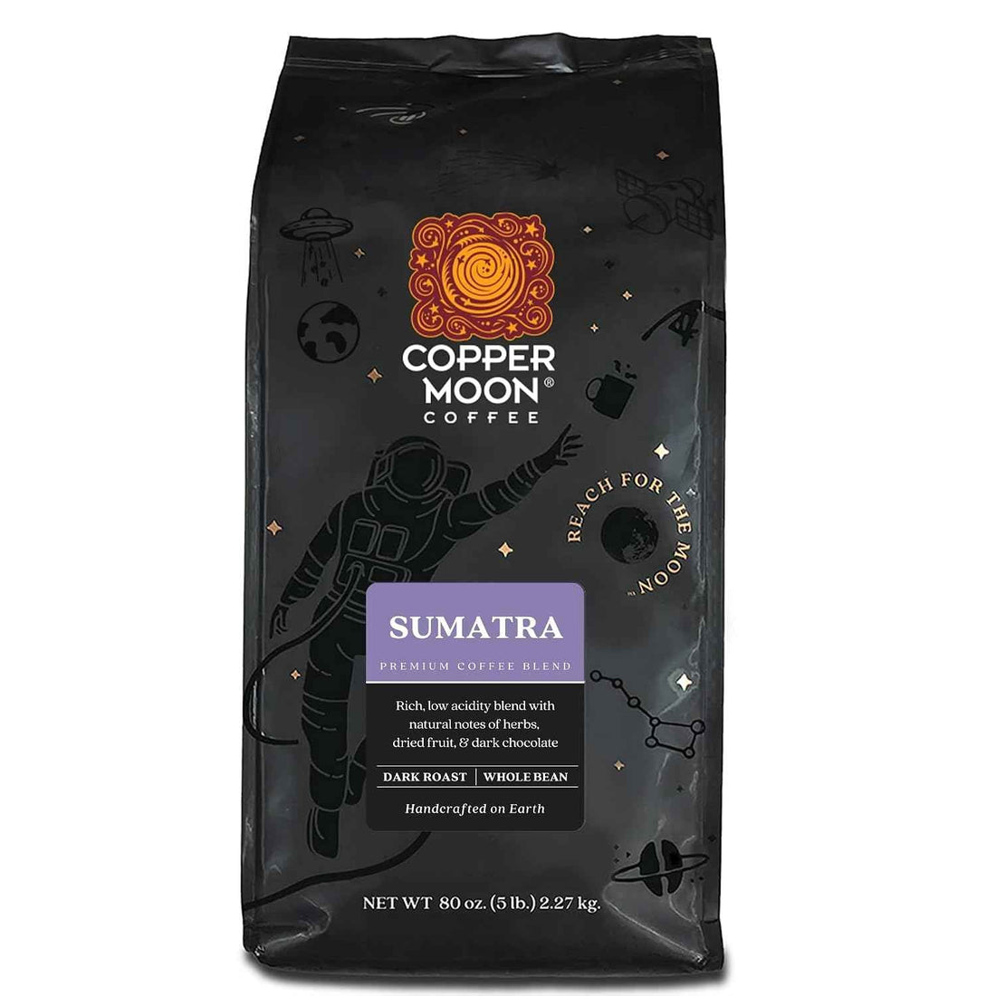Copper Moon Whole Bean Coffee, Dark Roast, Sumatra Blend, 5 Lb | 5 Pound Bag, Vegan, Allergen Free, Non-GMO, Kosher, Vegetarian, Small Batch Roasted