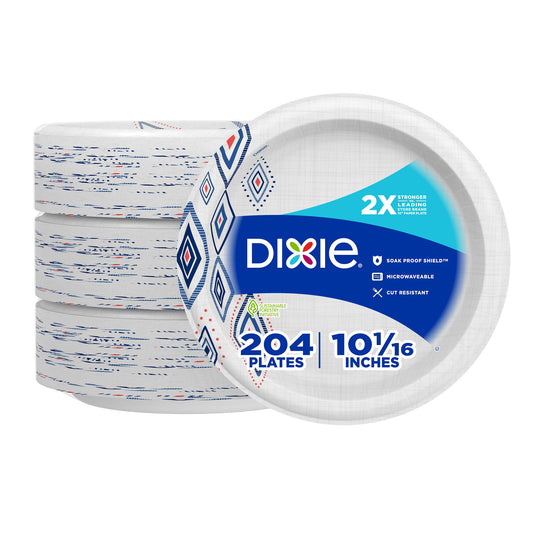 Dixie Large Paper Plates, 10 Inch, 204 Count, 2X Stronger, Microwave-Safe, Soak-Proof, Cut Resistant, Disposable Plates For