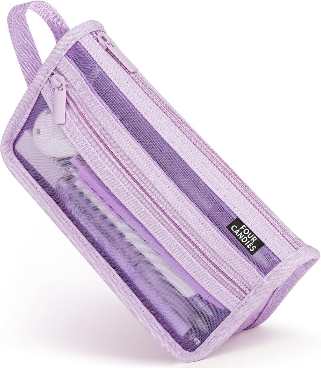 Four Candies Grid Mesh Pencil Case, Clear Double-layer with Handle (Purple)