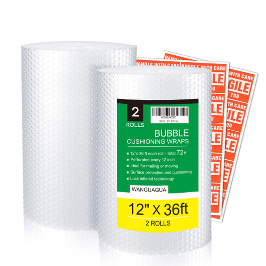 wanguagua 2 Pack 12 Inch x 72 ft Total Bubble Packing Wrap for Moving Boxes Shipping Cushioning Supplies Perforated Every