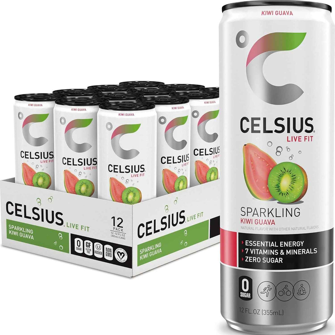 CELSIUS Sparkling Kiwi Guava, Sugar Free Energy Drink, 12 Fl Oz (Pack of 12)