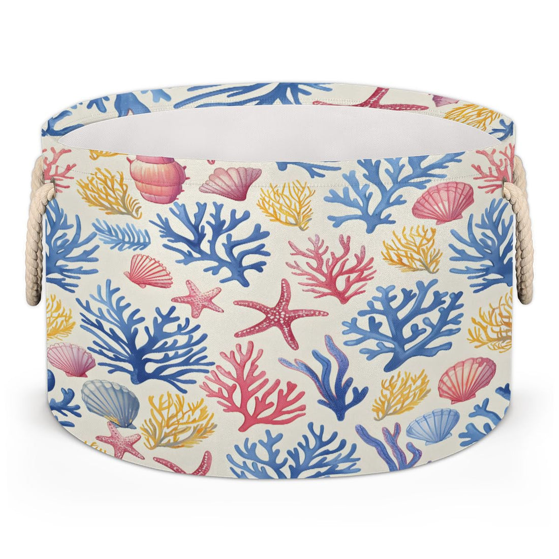 Ioracida Beach Theme Round Storage Basket, Blanket Basket for Living Room, 19.4" x 13.3" Starfish Seashell Coral Coastal