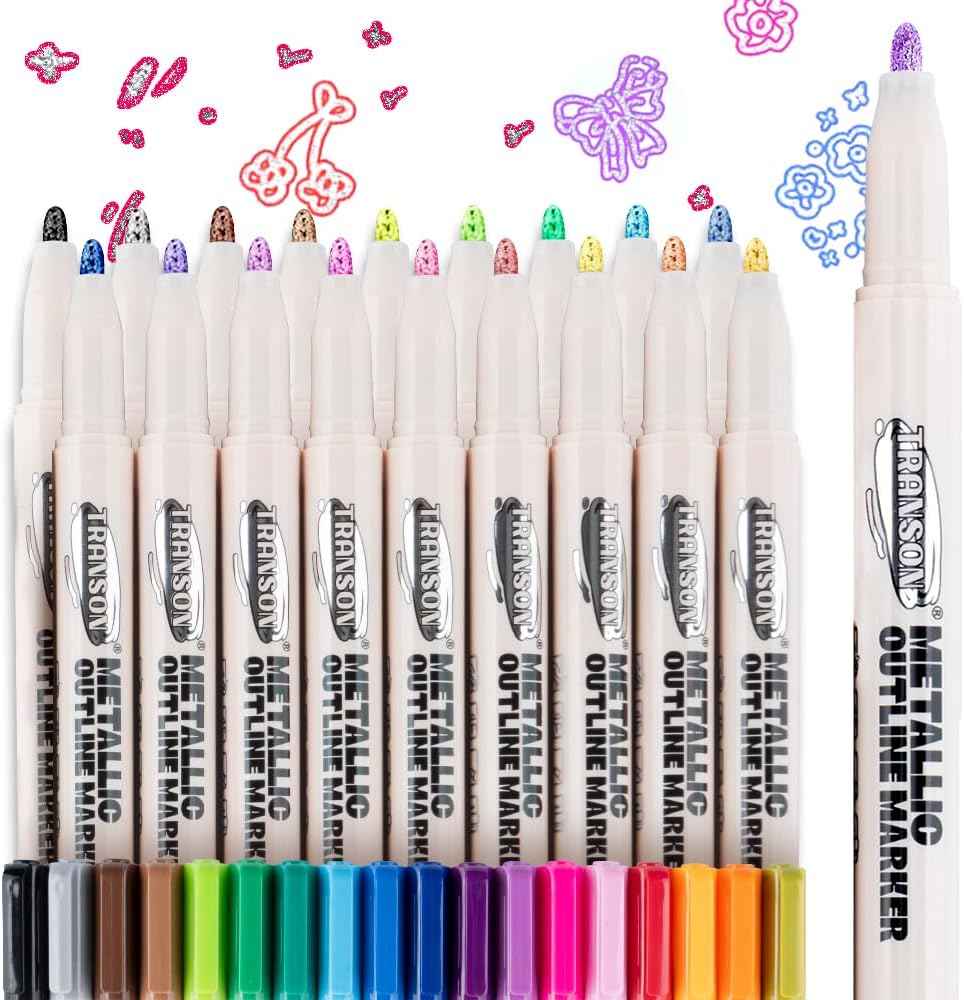 TRANSON 18pcs Outline Shimmering Markers with Metallic for Fun Art Drawing Craft DIY