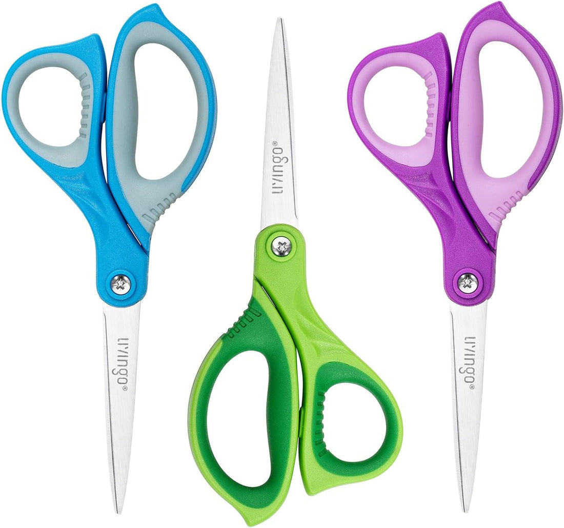 LIVINGO Kids Scissors 7" School Craft Scissors Pointed Tip 3 Pack