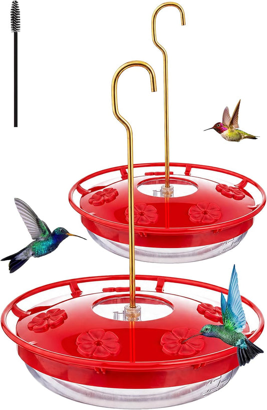FEED GARDEN Saucer Hummingbird Feeders for Outdoors Hanging, 2 Pack 16oz Leak-Proof Nectar Feeder with Bee Guards Built-in Ant Moat, 5 Feeding Ports, Wide Mouth Easy Refill & Clean, BPA-Free,Red