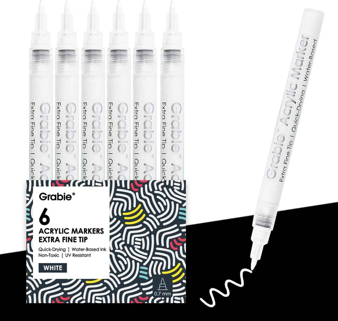 Grabie 6 White Acrylic Paint Markers, 0.7 mm Extra Fine Tip