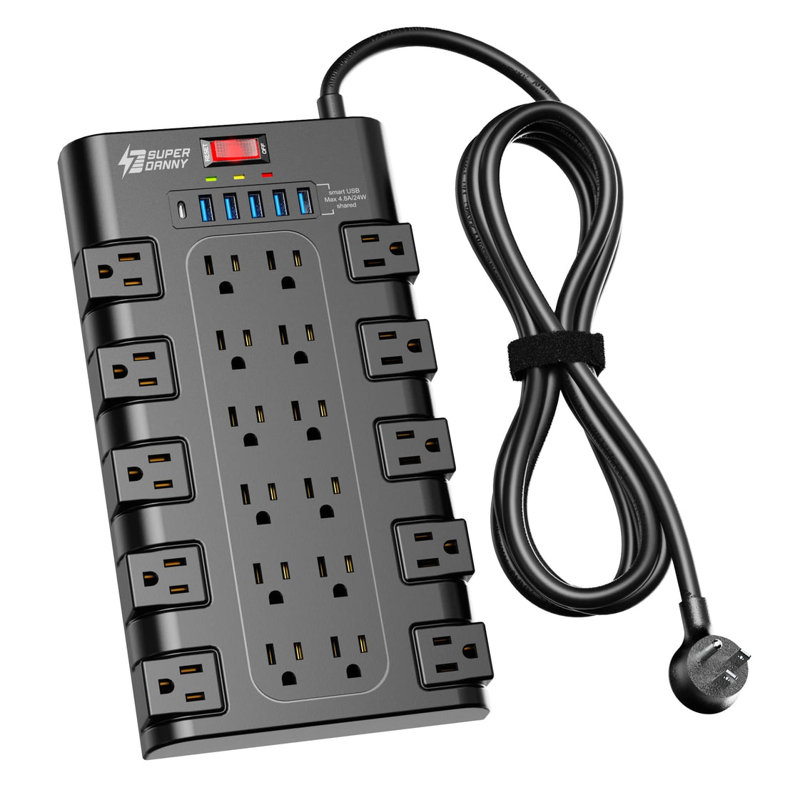 Power Strip, SUPERDANNY Surge Protector with 22 AC Outlets and 6 USB Charging Ports, 1875W/15A, 2100 Joules, 6.5Ft Flat Plug