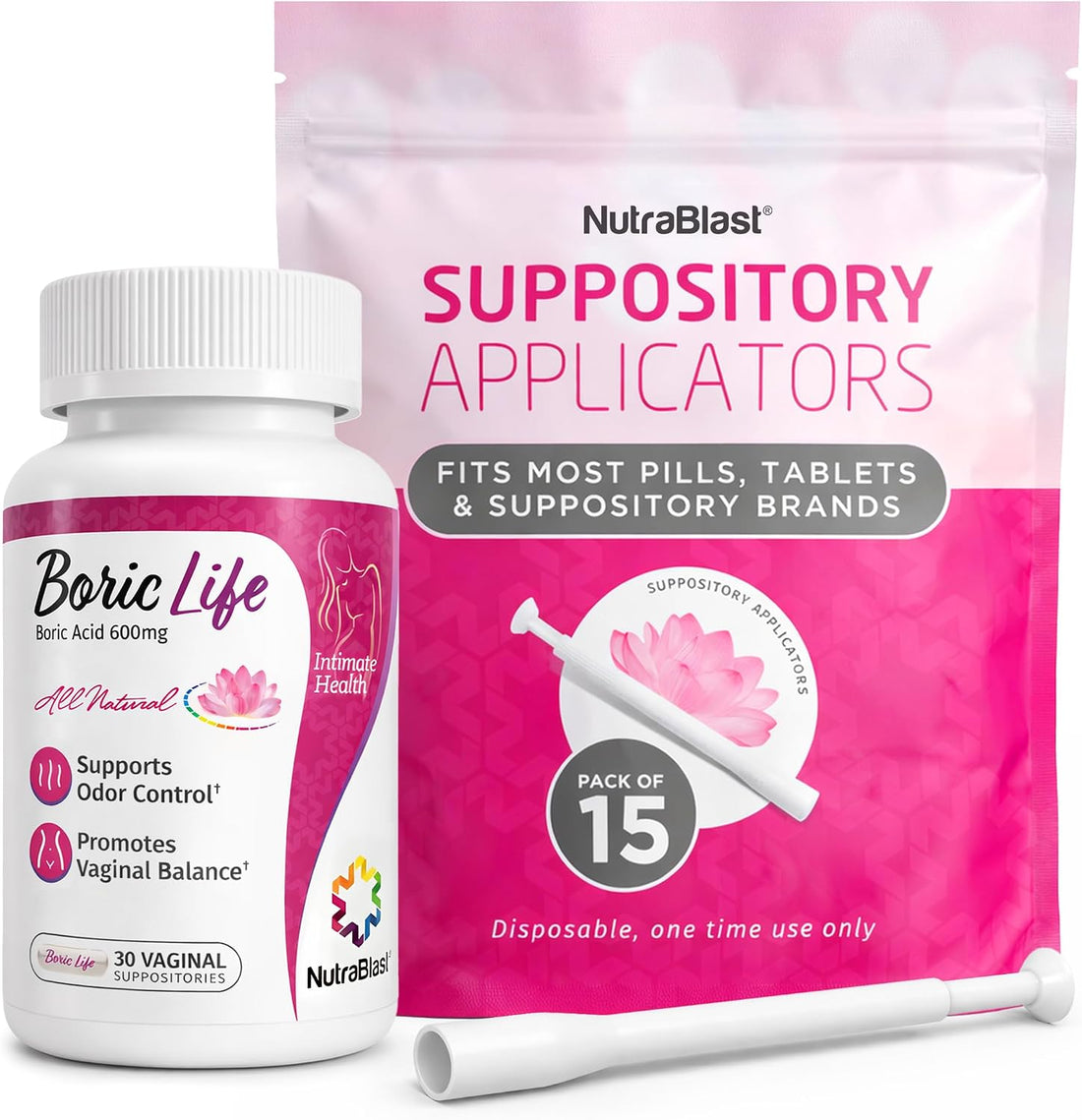 NutraBlast Boric Acid Suppositories for Women 600mg with Applicators Bundle