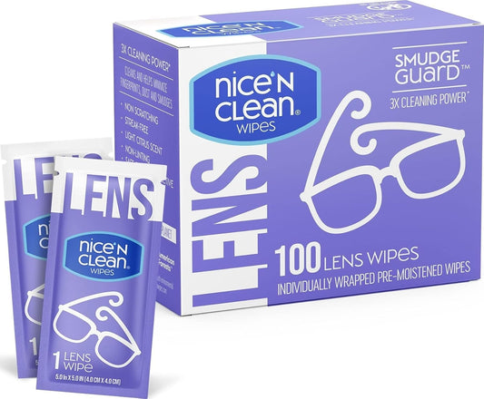 Nice 'n Clean SmudgeGuard Lens Cleaning Wipes (100 Total Wipes) | Pre-Moistened Individually Wrapped Wipes | Non-Scratching & Non-Streaking | Safe for Eyeglasses, Goggles, & Camera Lens