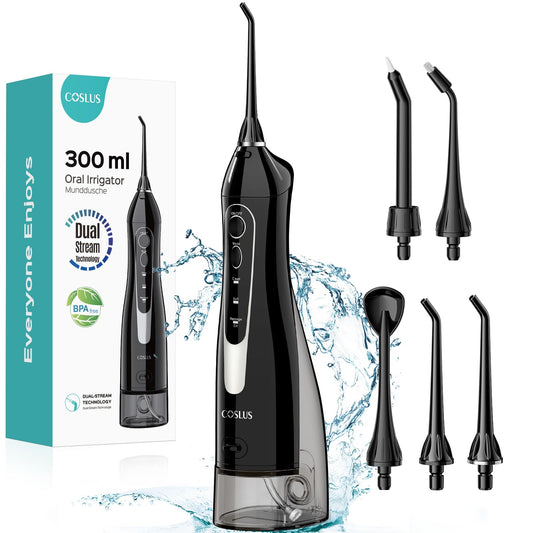 COSLUS Water Dental Flosser Teeth Pick: Portable Cordless Oral Irrigator 300ML Rechargeable Travel Irrigation Cleaner IPX7