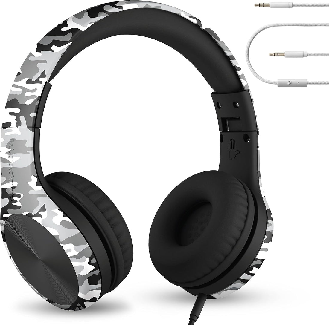 LilGadgets Connect+ Pro Wired Kids Headphones for School with Microphone, Volume Limiting Over-Ear Headset with Cord, SharePort Technology & SoftTouch Padding, Snow Camo
