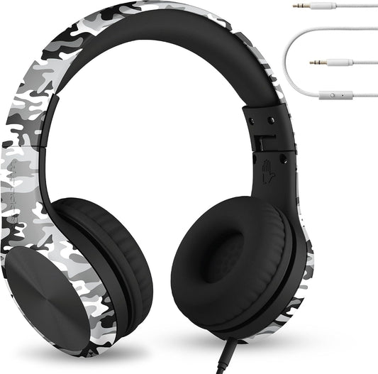 LilGadgets Connect+ Pro Wired Kids Headphones for School with Microphone, Volume Limiting Over-Ear Headset with Cord, SharePort Technology & SoftTouch Padding, Snow Camo