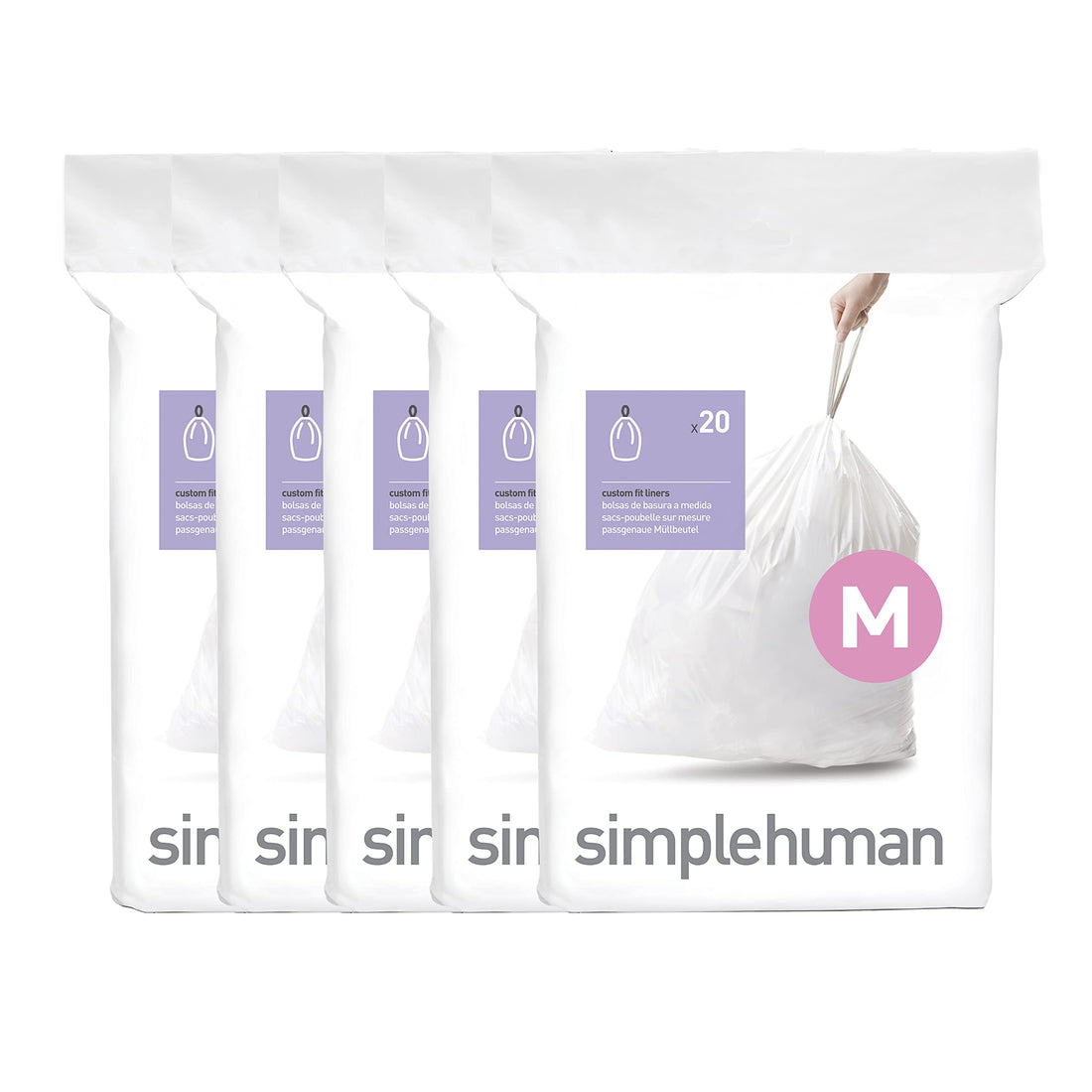 simplehuman Code M 100 Count, Genuine Custom Fit Liners, Drawstring Trash Bags in Dispenser Packs, 45 Liter / 11.9 Gallon,