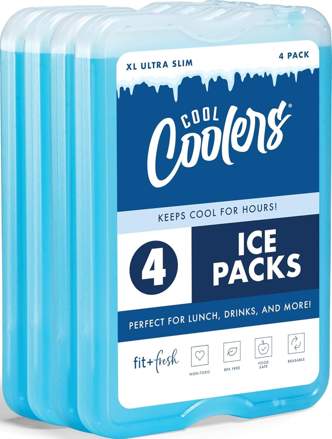Cool Coolers by Fit & Fresh XL Slim Ice Packs, Quick Freeze Reusable Ice Packs for Lunch Boxes & Coolers, Long-Lasting, Space Saving Cooler Ice Packs