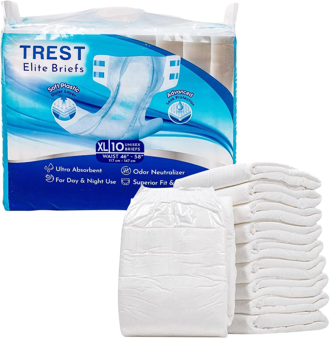 TREST Elite Briefs for Men and Women, Overnight Diapers for Incontinence, Elite Absorbency, Comfortable, Odor Neutralizing and Secure Fit with 2 Wide Tabs - White, X-Large (Pack of 10)