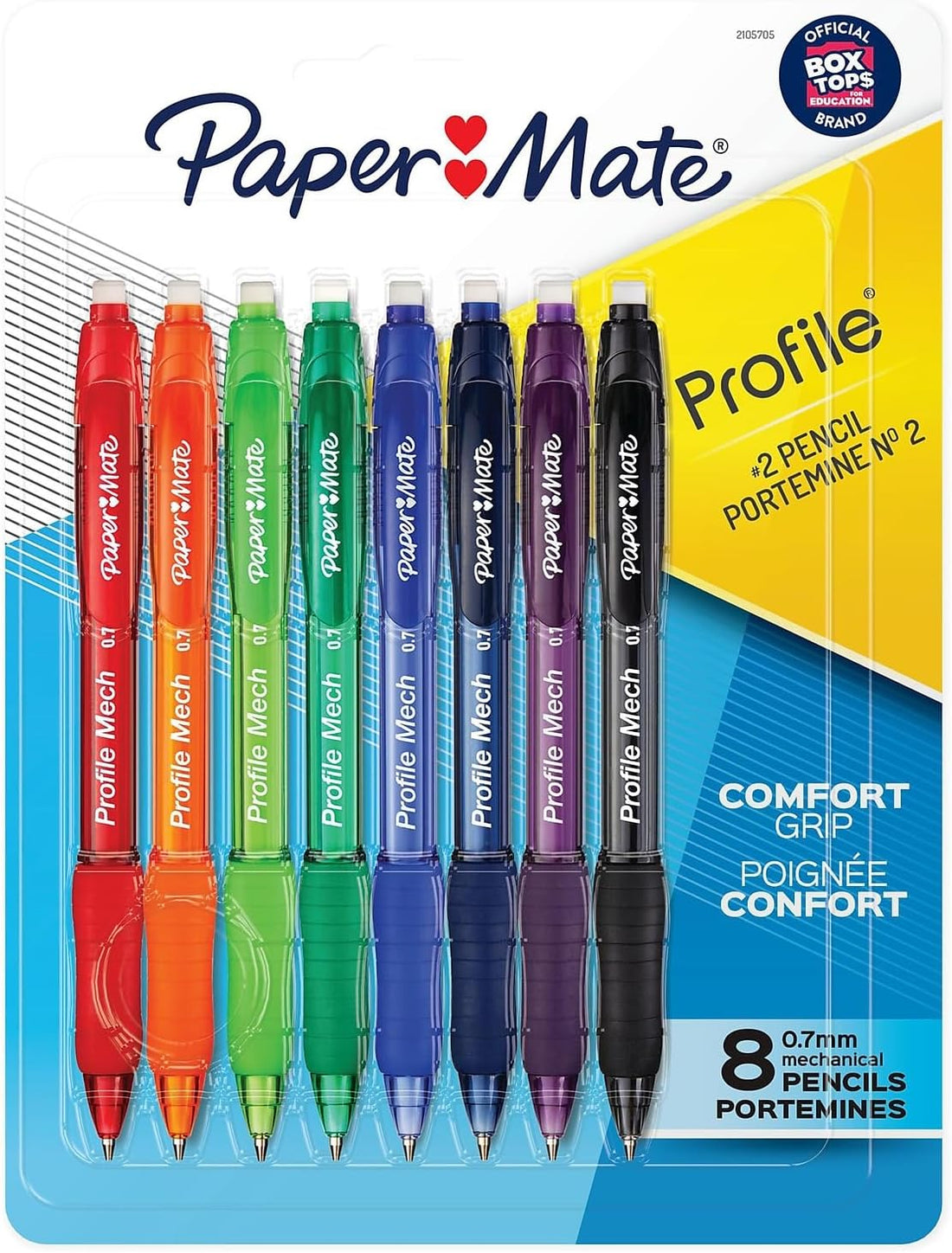 Paper Mate Profile Mech Mechanical Pencils, 0.7mm #2 Pencil Lead, Comfort Grip, Assorted Barrel Colors, 8 Count - Office Supplies