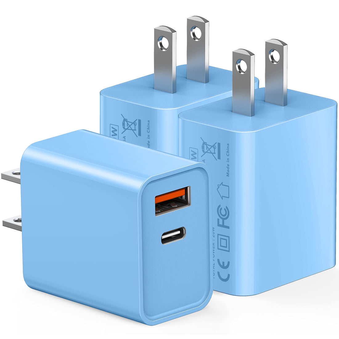 3 Pack Dual Port USB C Charger Block, 20W Power Delivery + QC3.0 USB A Double Port Fast Charging Brick for iPhone 16 15 14