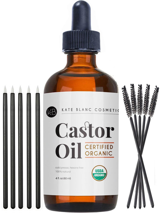 Kate Blanc Cosmetics Organic Castor Oil (4oz). 100% Pure, Cold Pressed, Hexane Free in a Glass Bottle. Stimulate Growth for Eyelashes, Eyebrows, Hair. Skin Moisturizer & Oil Cleanse with Starter Kit - PCTechSupply.com