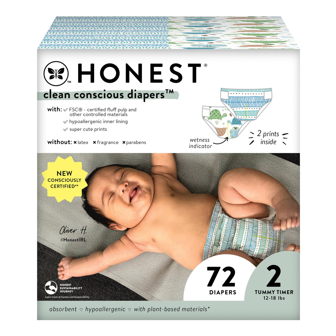 The Honest Company Clean Conscious Diapers | Plant-Based, Sustainable | Turtle Time + Dots & Dashes | Club Box, Size 2