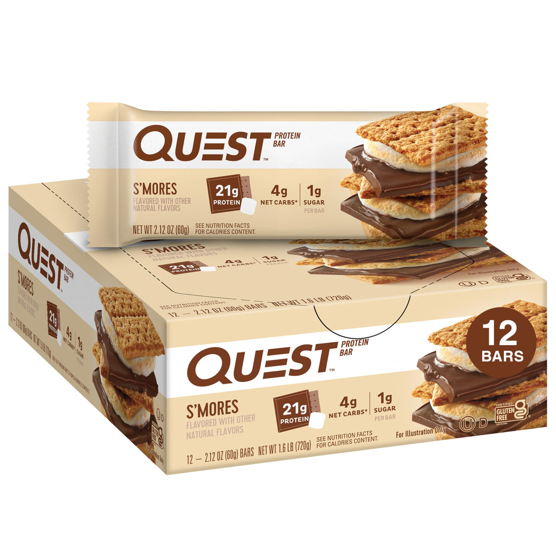 Quest Nutrition S'mores Protein Bars, 21g Protein, 1g Sugar, 4g Net Carb, Gluten Free, Keto Friendly, 12 Count - PCTechSupply.com