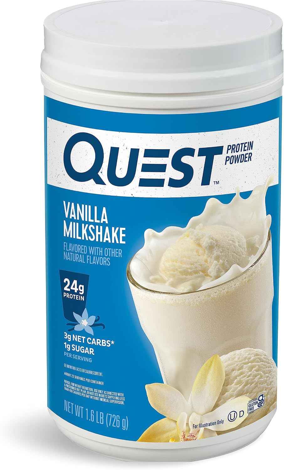 Quest Nutrition Vanilla Milkshake Protein Powder, 24g Protein, 1.6 Pound | 23 Servings, 3g Net Carbs, 1g Sugar, Low Carb, Gluten Free