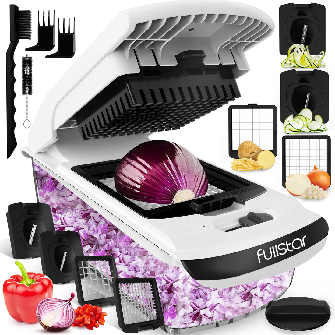 Fullstar Vegetable Chopper - Food Chopper - Onion Chopper - Vegetable Slicer & Spiralizer - Veggie Chopper with Container - Kitchen Gadgets - Home Essentials - Kitchen Accessories (4 in 1, White) - PCTechSupply.com
