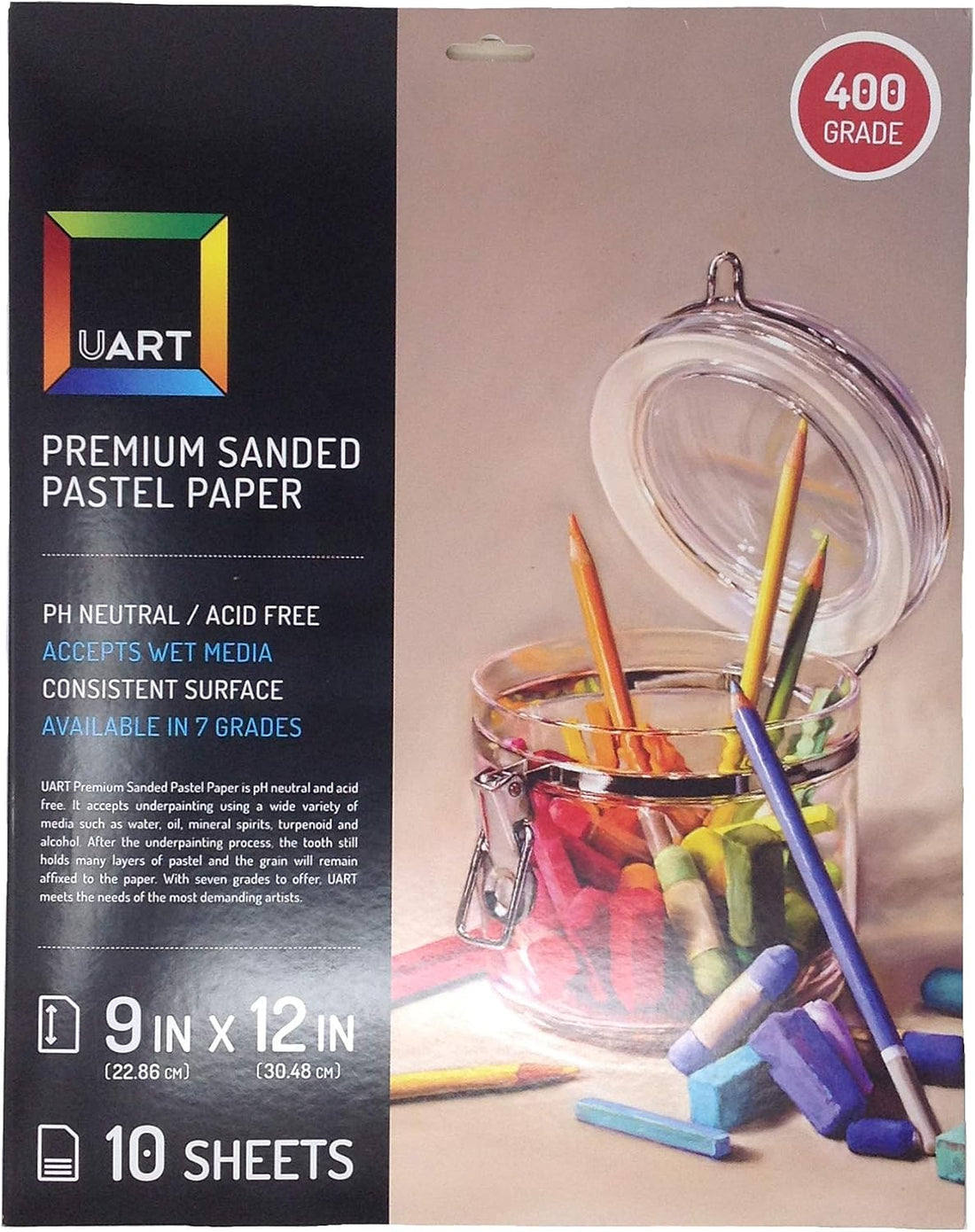 Uart Sanded Pastel Art Paper, Off-White, 9" x 12" Paper, Grit #400, 10 Sheet Pack