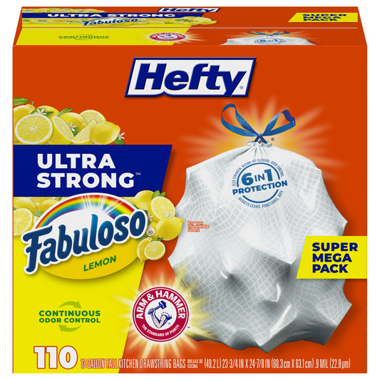 Hefty Ultra Strong Tall Kitchen Trash Bags, Fabuloso Lemon Scent, 13 Gallon, 110 Count Drugstore by Hefty