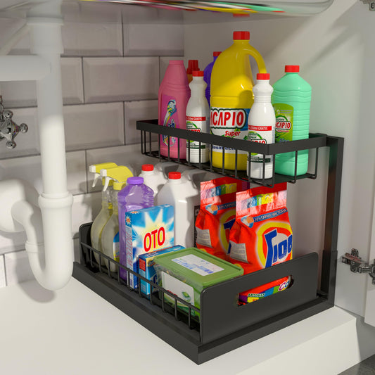 REALINN Under Sink Organizer, Pull Out Cabinet Organizer 2 Tier Slide Out Sink Shelf Cabinet Storage Shelves, Under Sink