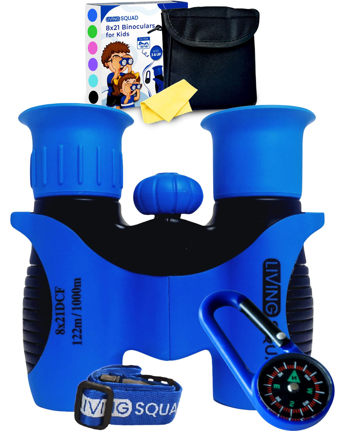 Living Squad Kids Blue Binoculars 8x21 - Kids Age 3-12, Shock Proof Compact Binoculars Set with High Resolution Optics Toys for Bird Watching, Stargazing, Hunting, Hiking, with Case, Neck Strap - PCTechSupply.com