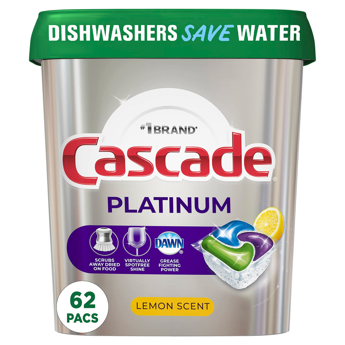 Cascade Platinum Dishwasher Pods, Dishwasher Detergent, Dishwasher Soap, Actionpacs, Lemon, 62 Count Drugstore by Cascade