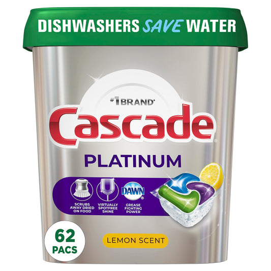 Cascade Platinum Dishwasher Pods, Dishwasher Detergent, Dishwasher Soap, Actionpacs, Lemon, 62 Count Drugstore by Cascade