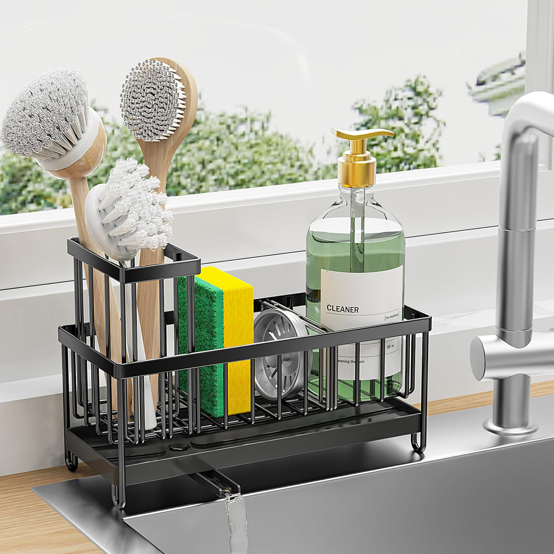 Cisily Sponge Holder for Kitchen Sink, Sink Caddy with High Brush Holder, Kitchen Sink Organizer Countertop Rustproof 304