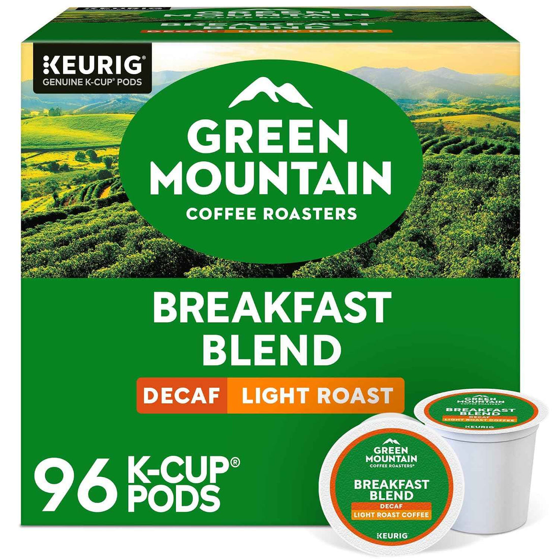 Green Mountain Coffee Breakfast Blend Decaf Keurig Single-Serve K-Cup pods, Light Roast Coffee, 96 Count