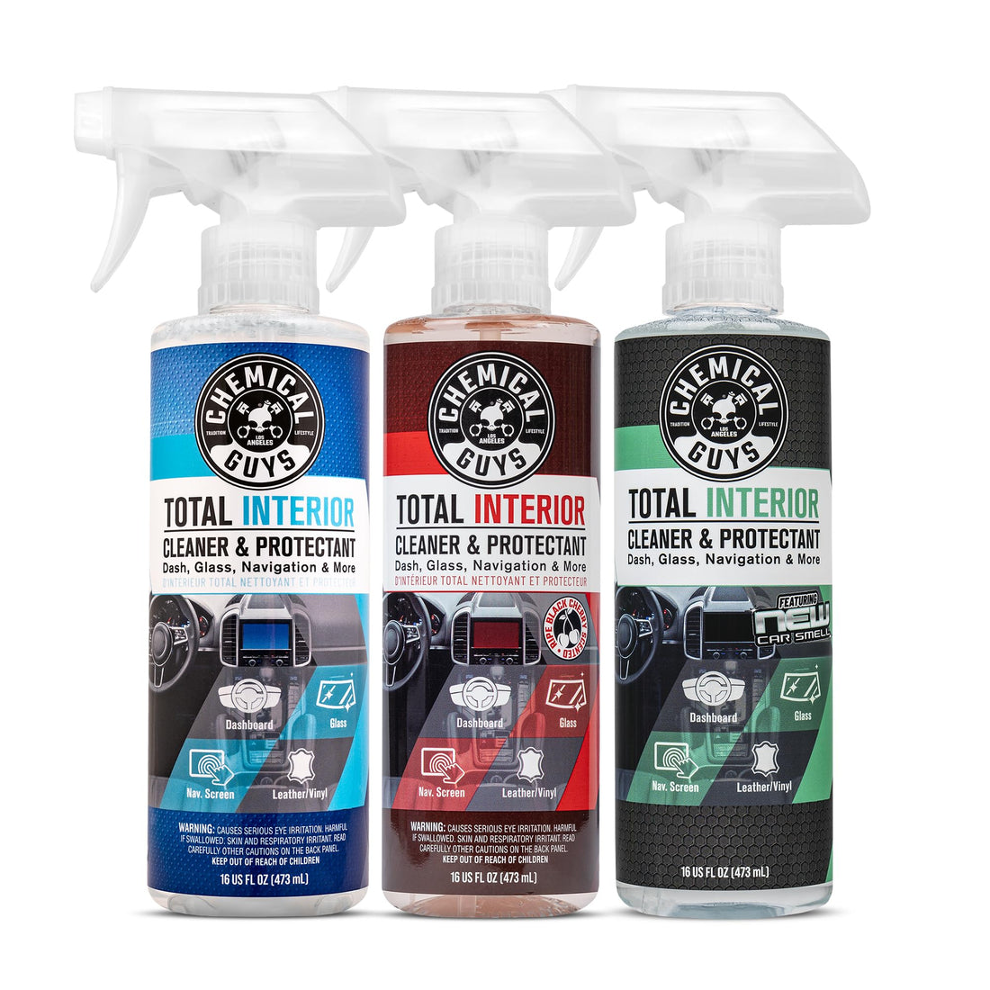Chemical Guys Total Interior Sprayable Cleaner and Protectant Multi-Scent 3 Pack (Fresh, Black Cherry & New Car), Safe for
