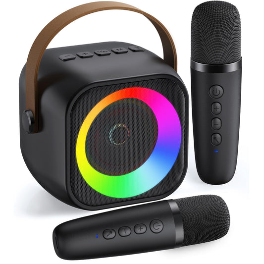 Mini Karaoke Machine, Portable Bluetooth Karaoke Speaker with 2 Wireless Microphones and Party Lights for Kids and Adults,
