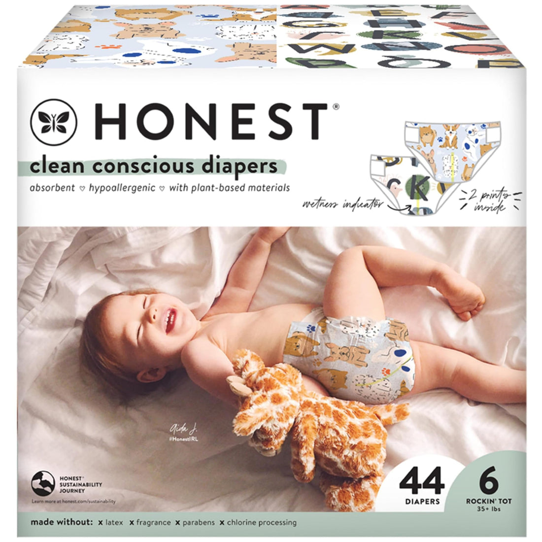The Honest Company Clean Conscious Diapers | Plant-Based, Sustainable | All The Letters + It's a Pawty | Club Box, Size 6