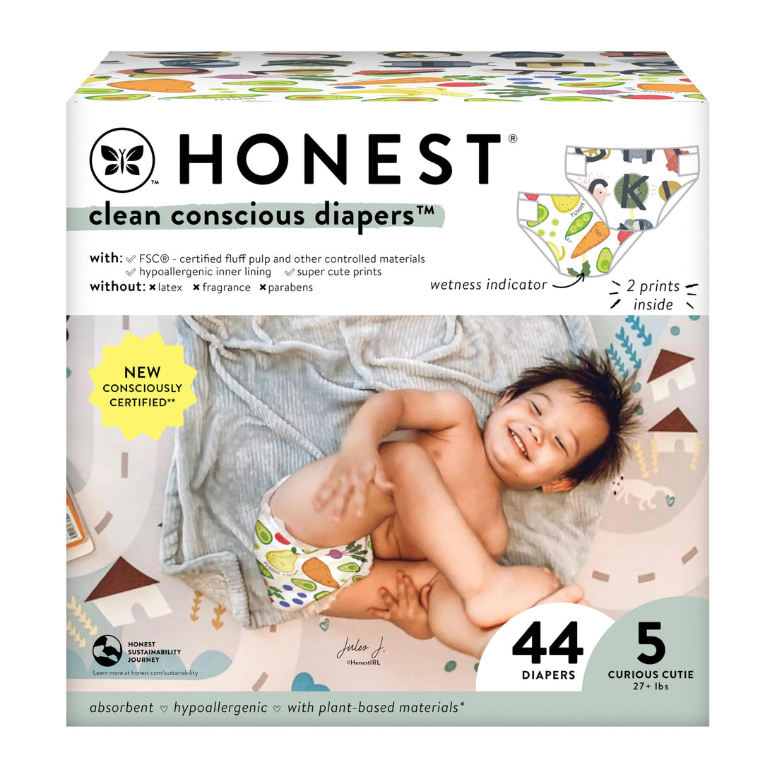The Honest Company Clean Conscious Diapers | Plant-Based, Sustainable | So Delish + All The Letters | Club Box, Size 5 (27+